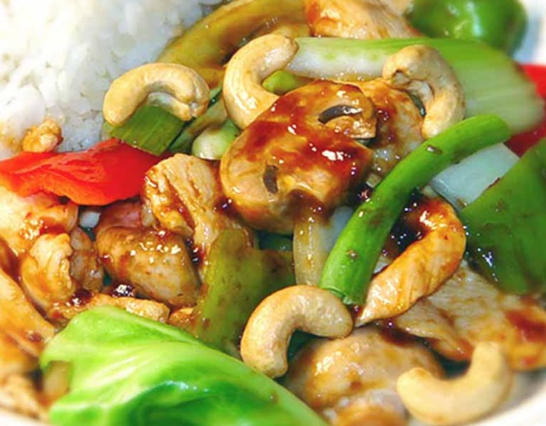 Cashew chicken stir-fry over jasmine rice